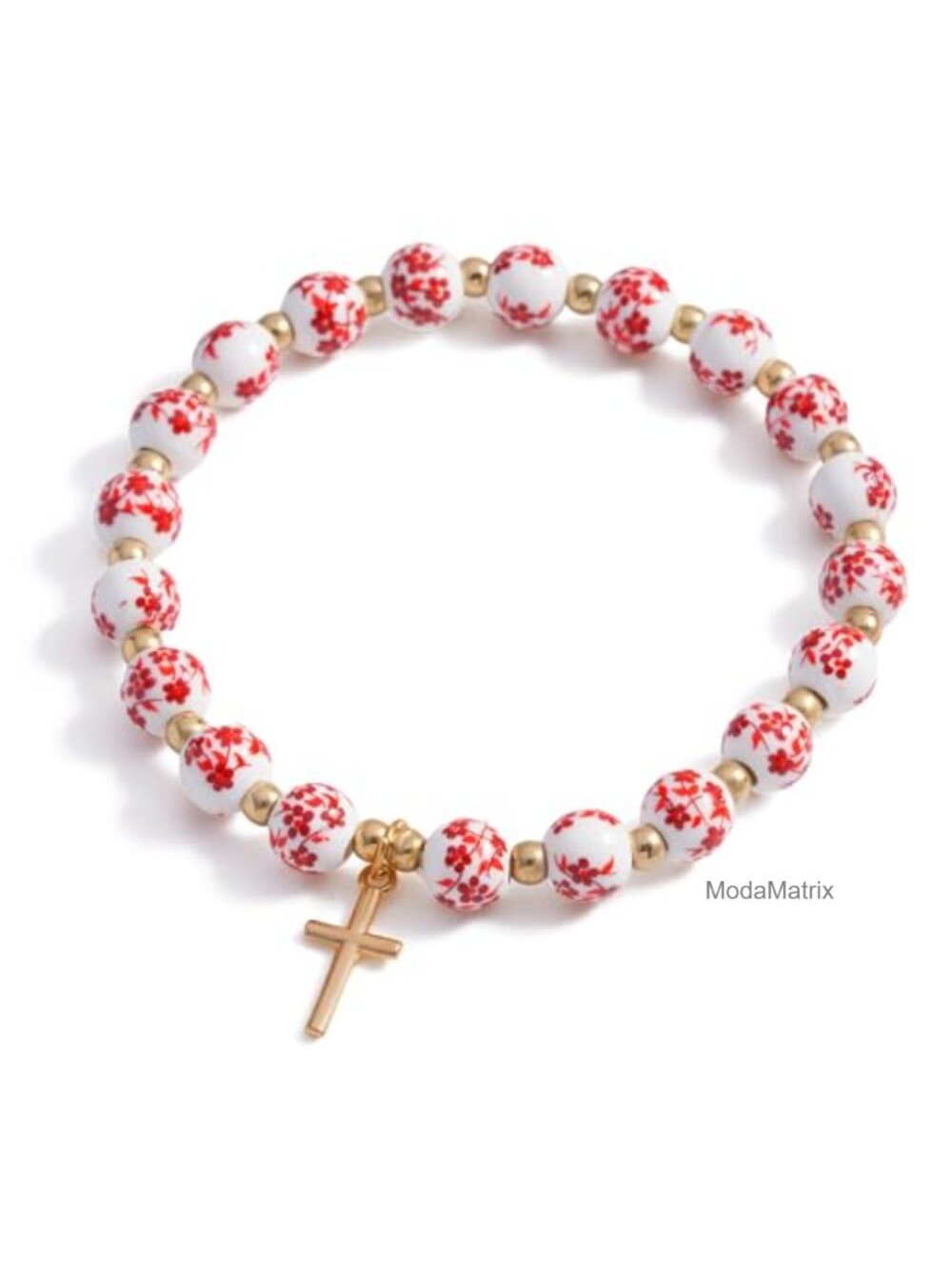 Vintage Flower Bead & Cross Stretch Bracelet Christian Jewelry Gift